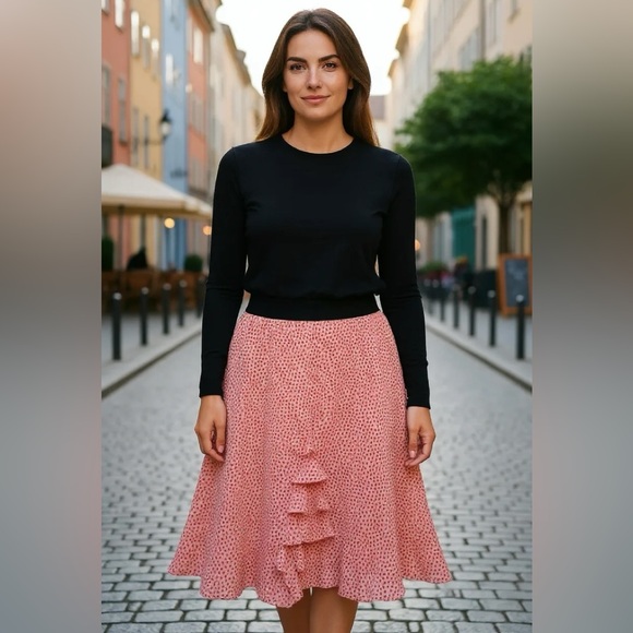 MARC JACOBS🎄Silk Red and Ivory POLKADOT Ruffle Midi Skirt with Black Waistband - Picture 3 of 7